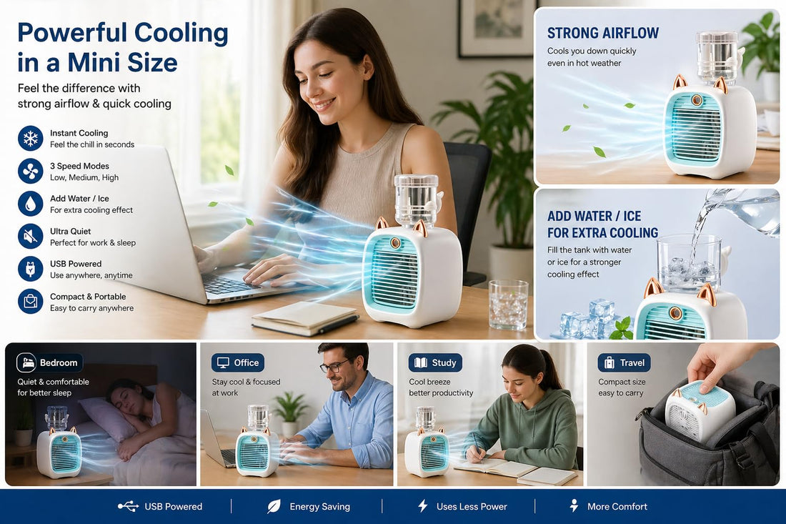 Portable Mini Air Cooler Fan with Water Tank, USB Personal Air Conditioner, Evaporative Cooling Fan