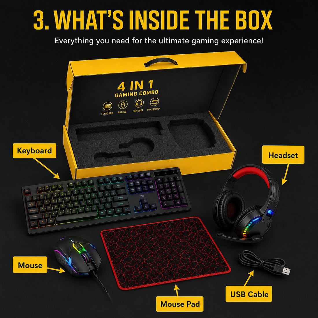 # Gaming Combo Title  **4-in-1 RGB Gaming Combo – Keyboard, Mouse, Headset & Mouse Pad**